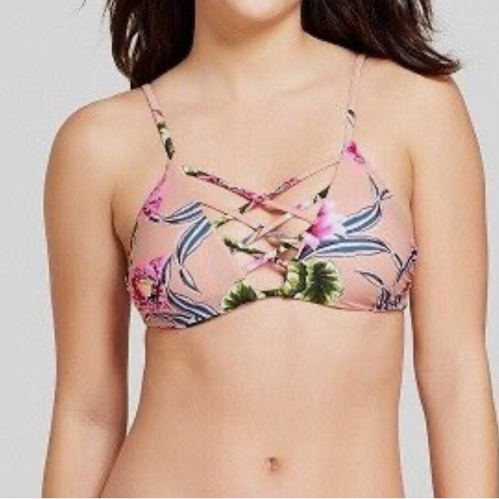 2/$28 Tori Praver Seafoam Pastel Pink Tropical Floral Strappy Bikini Top XS NWT